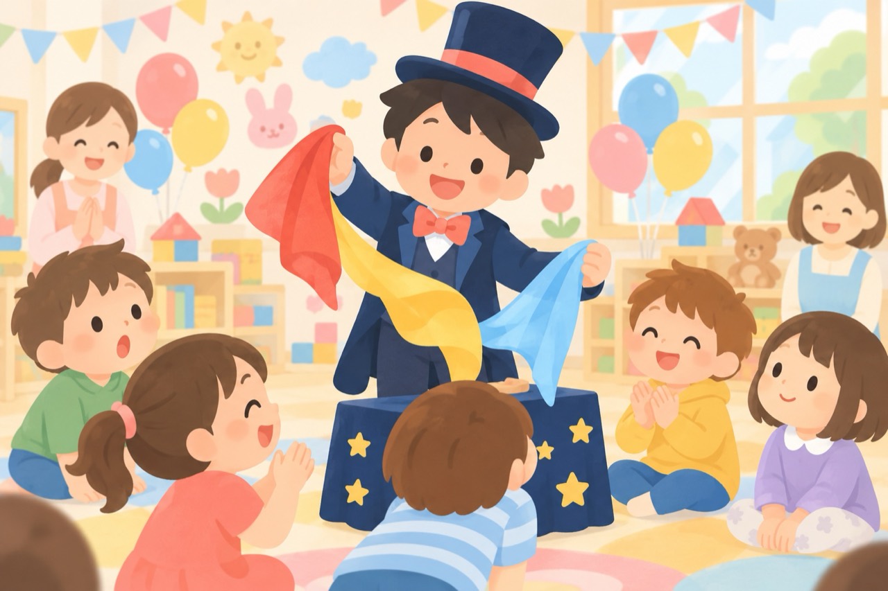 色鮮やかな布のマジックを楽しむ子どもたちとマジシャンのイラスト