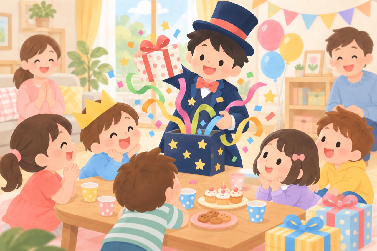 お誕生日会でマジックを楽しむ子どもたちのイラスト