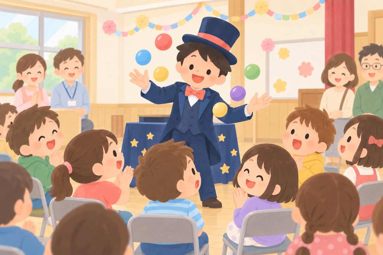 子ども会・地域イベントでマジックを楽しむ子どもたちのイラスト