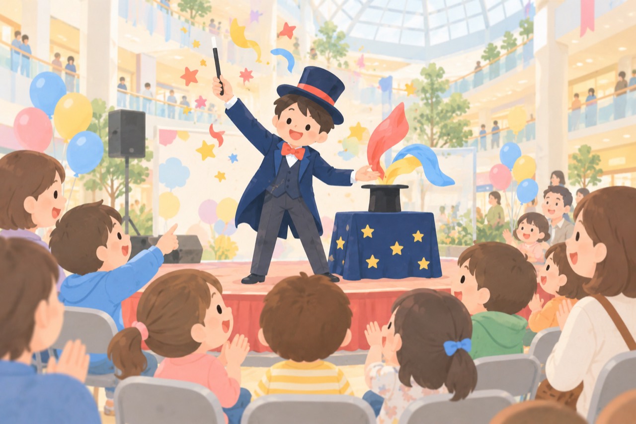 商業施設のファミリーイベントでマジックを楽しむ子どもたちのイラスト